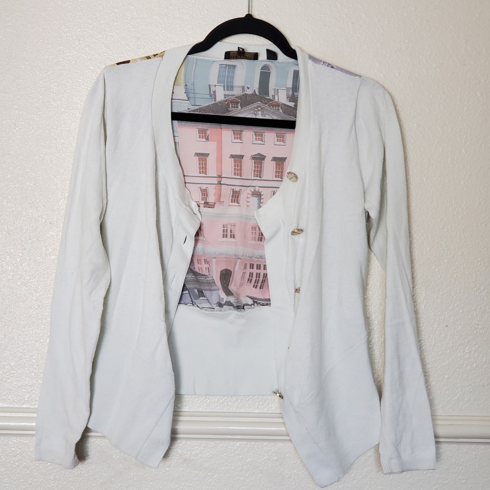 Ted Baker London Patrini White Organic Cotton House Print Cardigan Sweater Sz 2